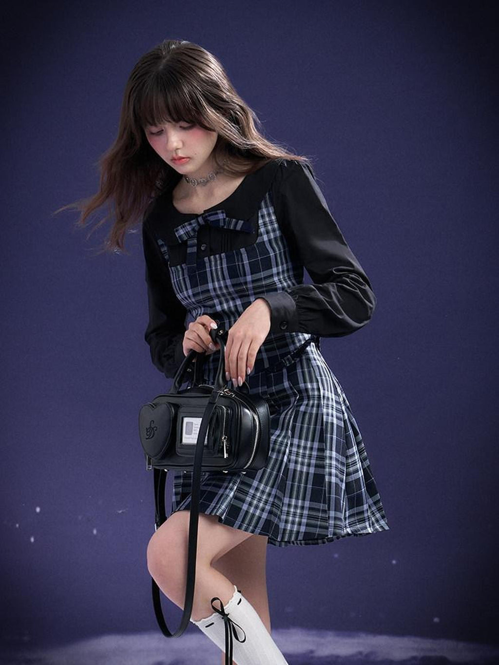SagiDolls Blue Plaid Pleated Splice Peter Pan Collar Women's Cotton Casual Mini Dresses