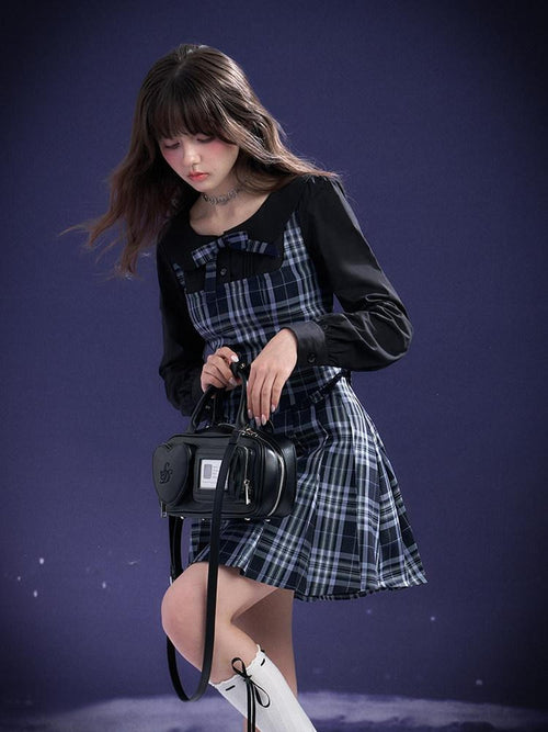 SagiDolls Blue Plaid Pleated Splice Peter Pan Collar Women's Cotton Casual Mini Dresses