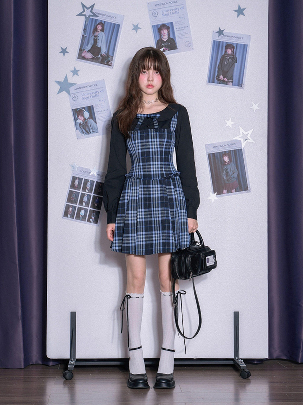 SagiDolls Blue Plaid Pleated Splice Peter Pan Collar Women's Cotton Casual Mini Dresses