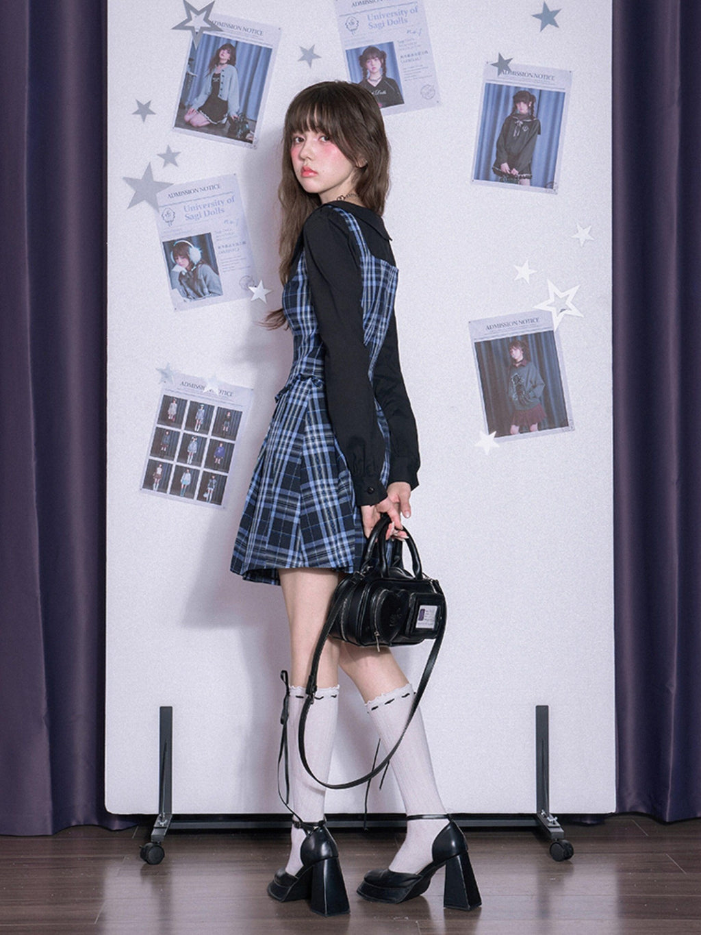 SagiDolls Blue Plaid Pleated Splice Peter Pan Collar Women's Cotton Casual Mini Dresses