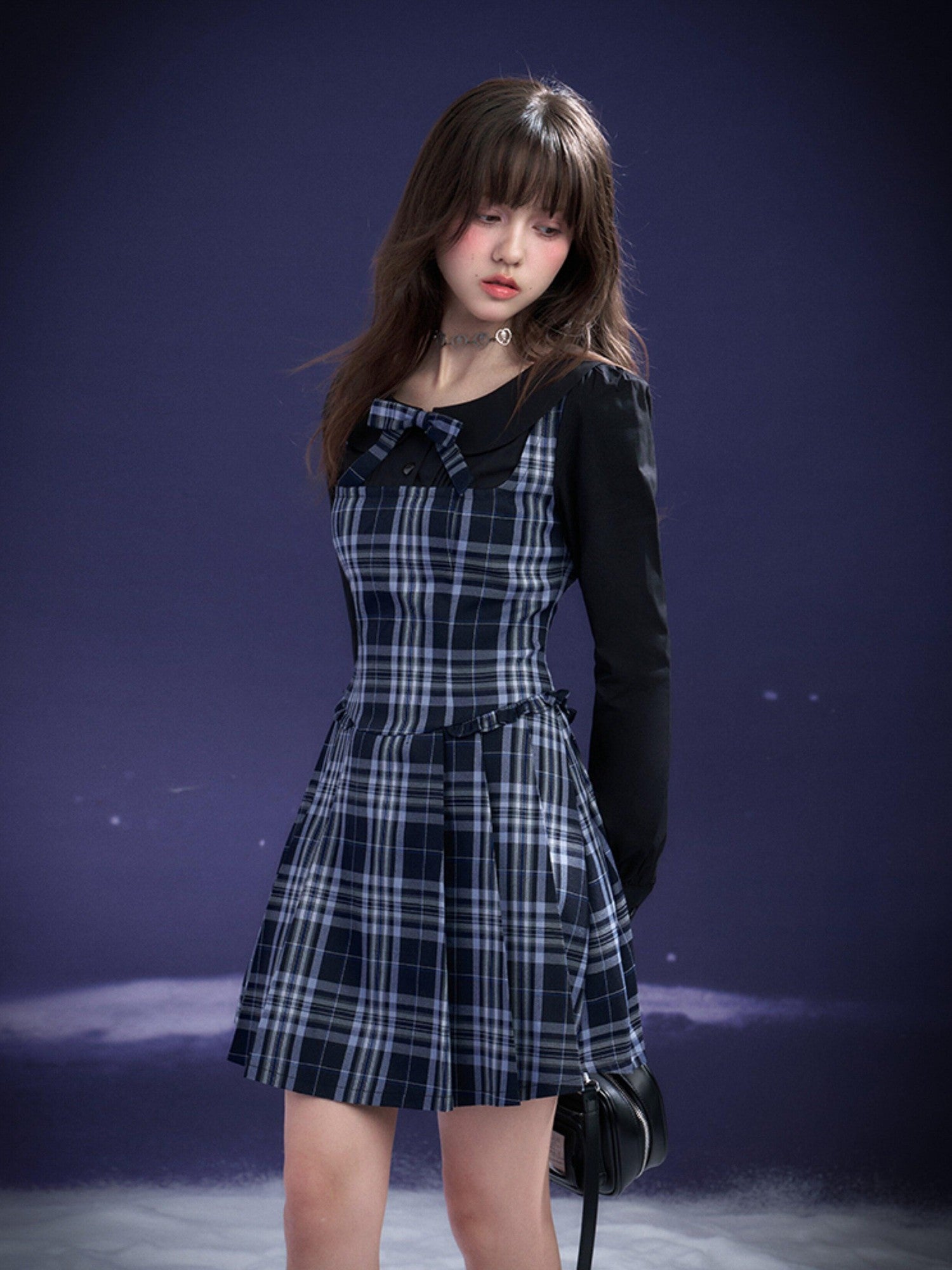 SagiDolls Blue Plaid Pleated Splice Peter Pan Collar Women's Cotton Casual Mini Dresses