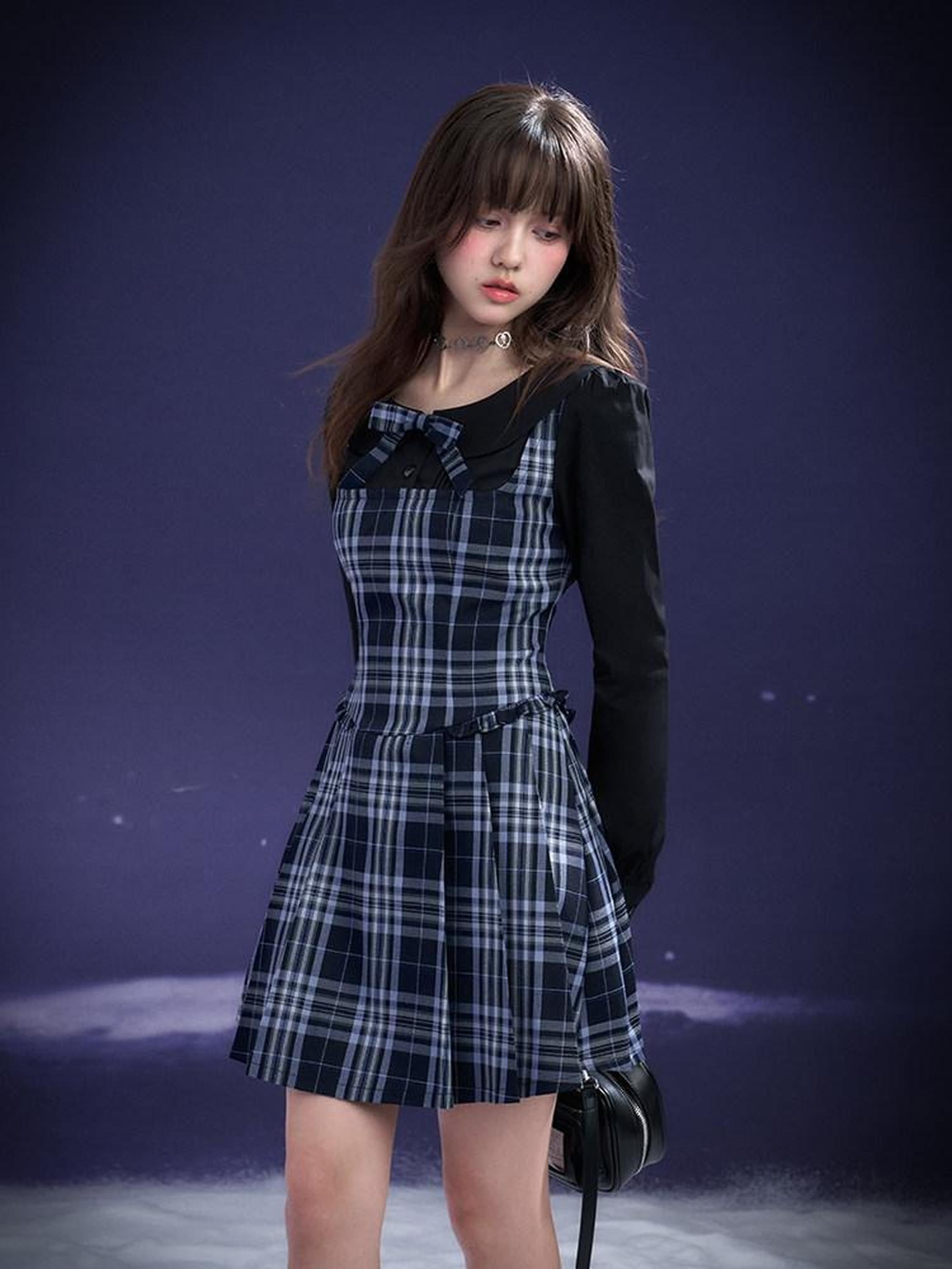 SagiDolls Blue Plaid Pleated Splice Peter Pan Collar Women's Cotton Casual Mini Dresses