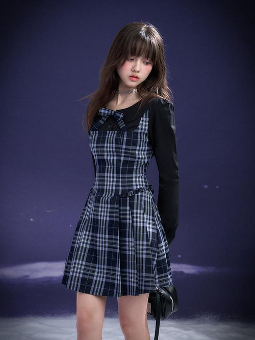 SagiDolls Blue Plaid Pleated Splice Peter Pan Collar Women's Cotton Casual Mini Dresses