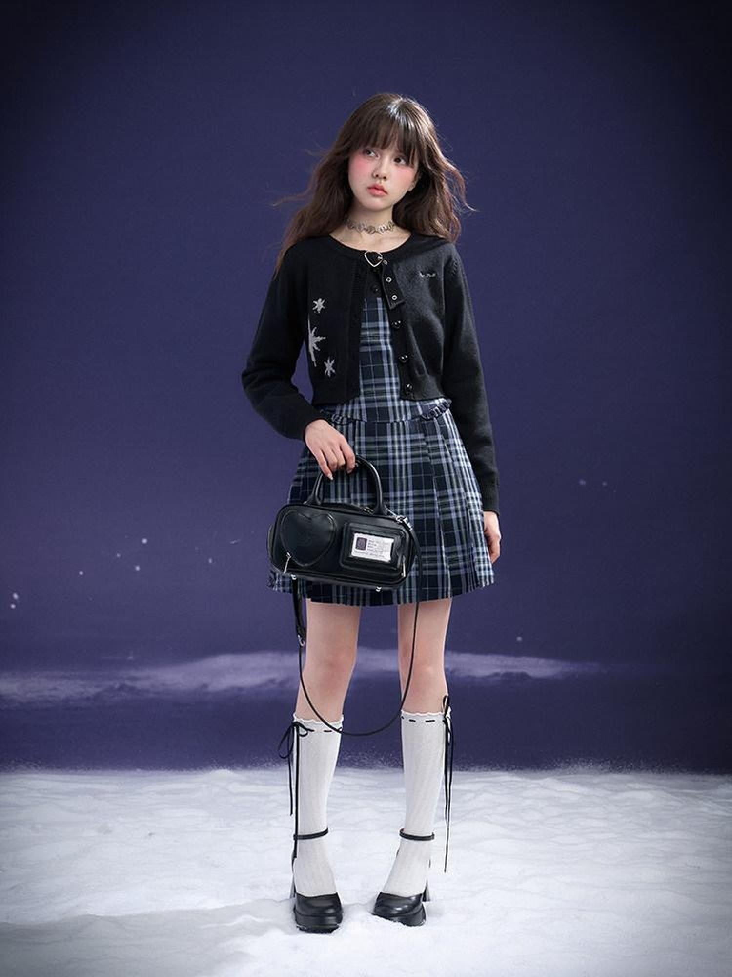 SagiDolls Blue Plaid Pleated Splice Peter Pan Collar Women's Cotton Casual Mini Dresses
