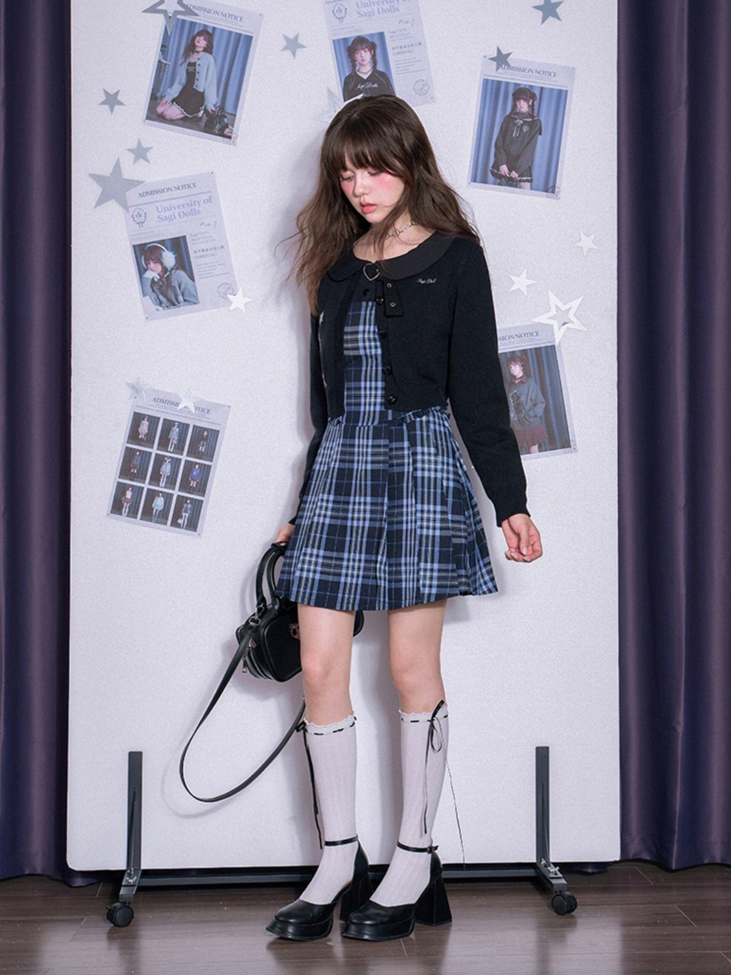 SagiDolls Blue Plaid Pleated Splice Peter Pan Collar Women's Cotton Casual Mini Dresses
