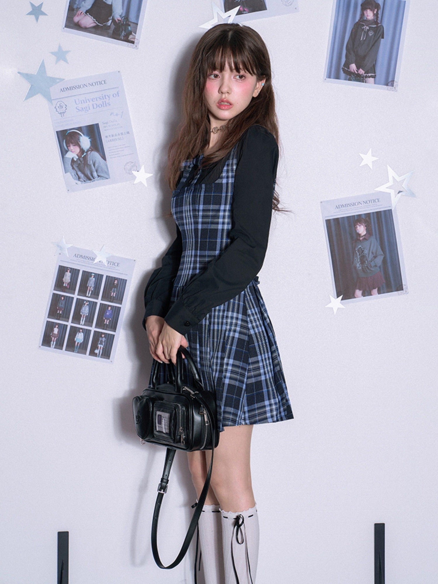 SagiDolls Blue Plaid Pleated Splice Peter Pan Collar Women's Cotton Casual Mini Dresses