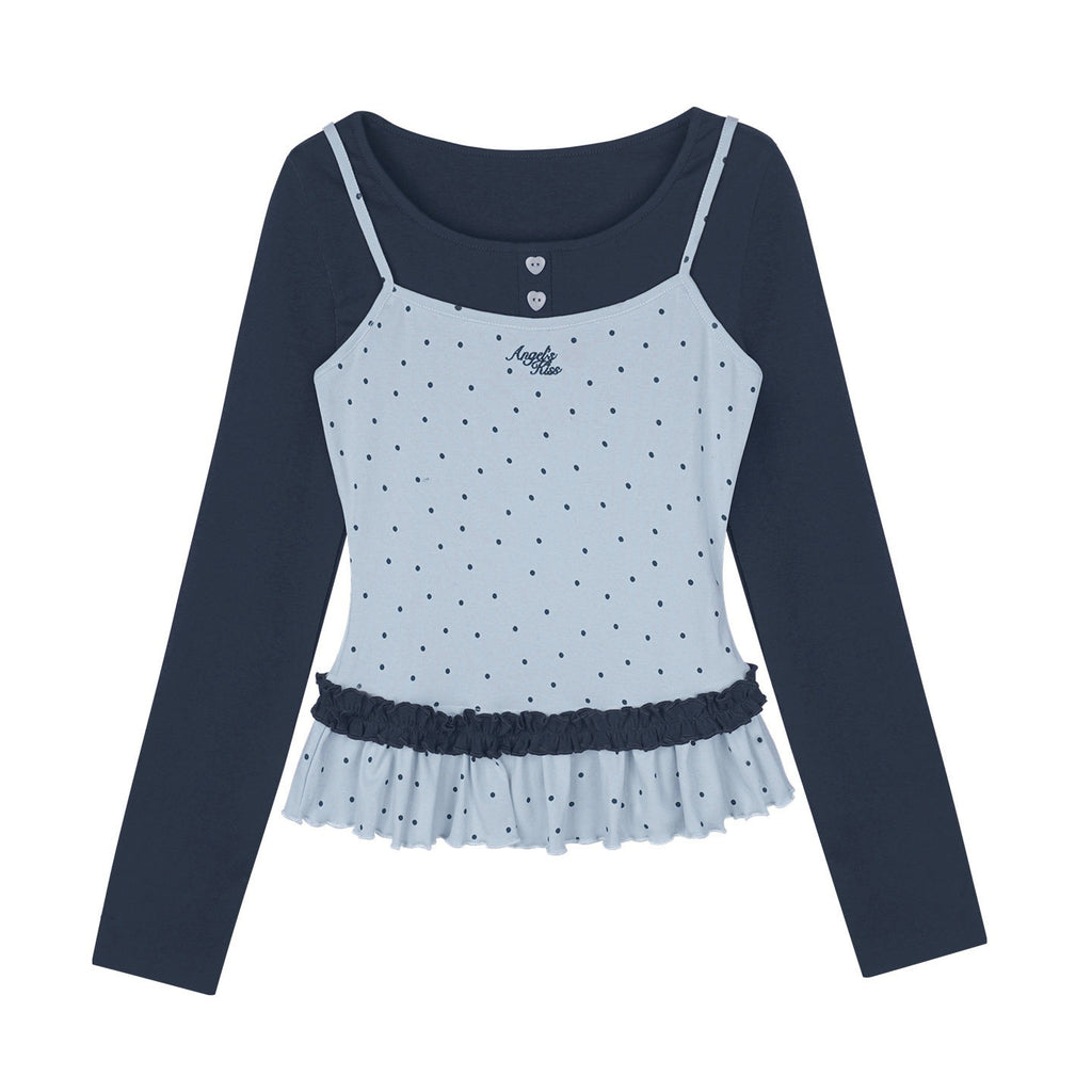 SagiDolls_Blue_Polka_Dot_Shirred_Faux_Layered_Women's_Cotton_Long_Sleeve_T-shirts_972628621493_MISSTT