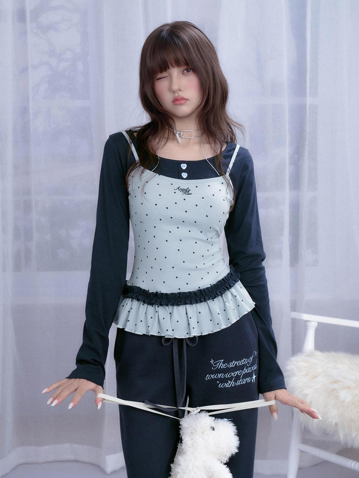 SagiDolls Blue Polka Dot Shirred Faux Layered Women's Cotton Long Sleeve T-shirts