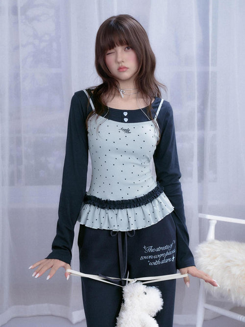 SagiDolls Blue Polka Dot Shirred Faux Layered Women's Cotton Long Sleeve T-shirts