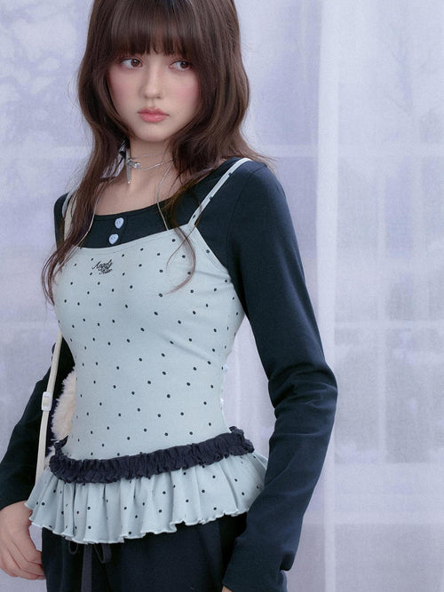 SagiDolls Blue Polka Dot Shirred Faux Layered Women's Cotton Long Sleeve T-shirts