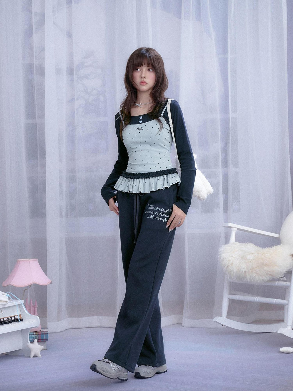 SagiDolls Blue Polka Dot Shirred Faux Layered Women's Cotton Long Sleeve T-shirts