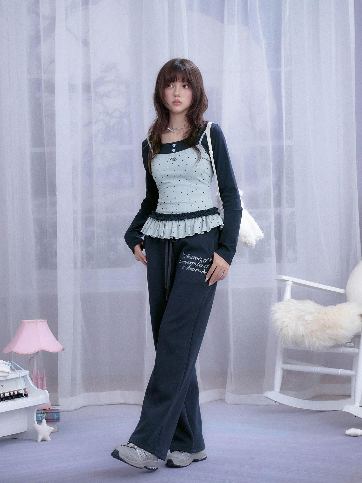 SagiDolls Blue Polka Dot Shirred Faux Layered Women's Cotton Long Sleeve T-shirts