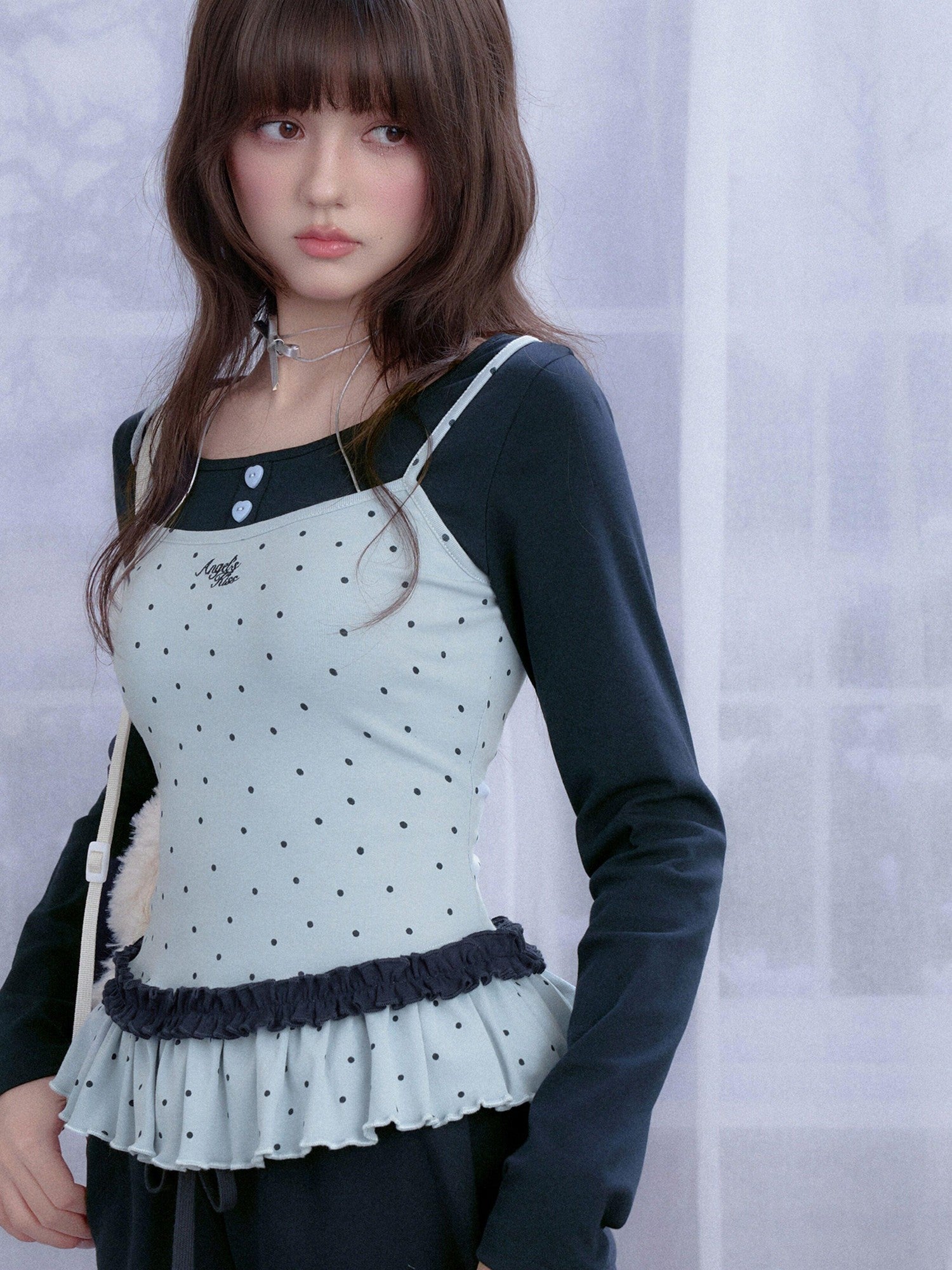 SagiDolls Blue Polka Dot Shirred Faux Layered Women's Cotton Long Sleeve T-shirts