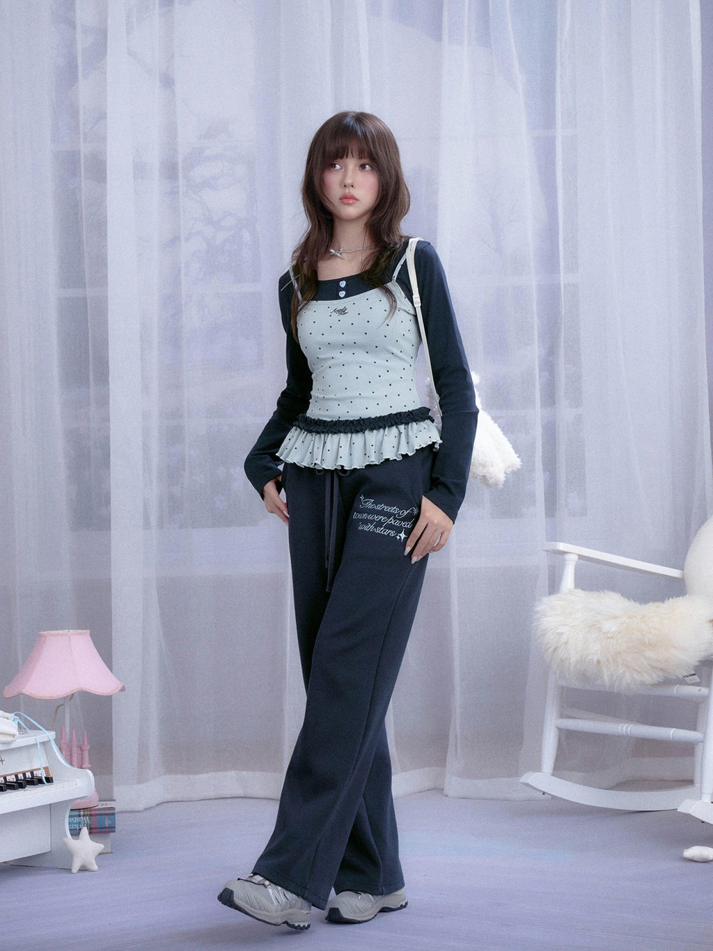 SagiDolls Blue Polka Dot Shirred Faux Layered Women's Cotton Long Sleeve T-shirts
