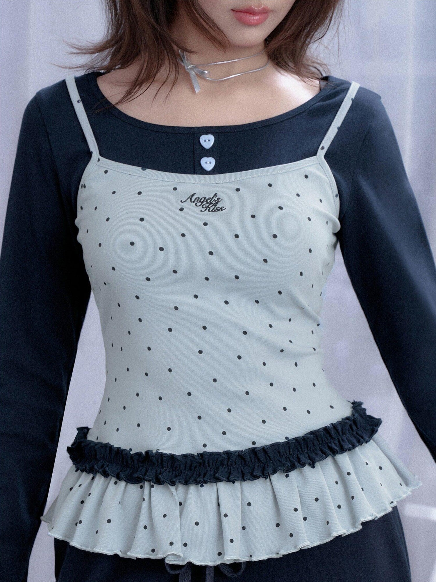 SagiDolls Blue Polka Dot Shirred Faux Layered Women's Cotton Long Sleeve T-shirts
