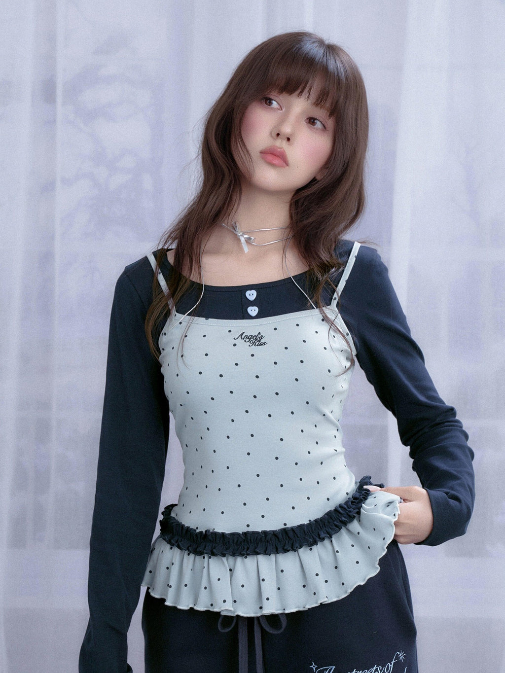 SagiDolls Blue Polka Dot Shirred Faux Layered Women's Cotton Long Sleeve T-shirts