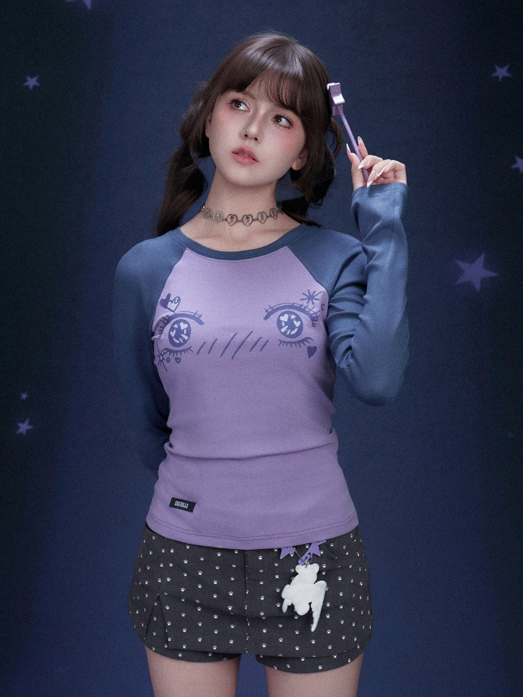 SagiDolls Blue Purple Anime Eye Print Raglan Women's Viscose Blend Long Sleeve T-shirts