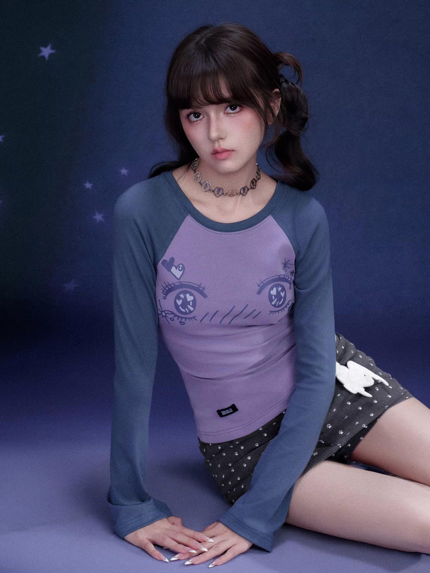 SagiDolls Blue Purple Comic Eye Print Raglan Women's Viscose Blend Long Sleeve T-shirts
