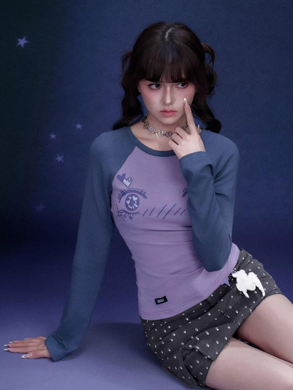 SagiDolls Blue Purple Comic Eye Print Raglan Women's Viscose Blend Long Sleeve T-shirts