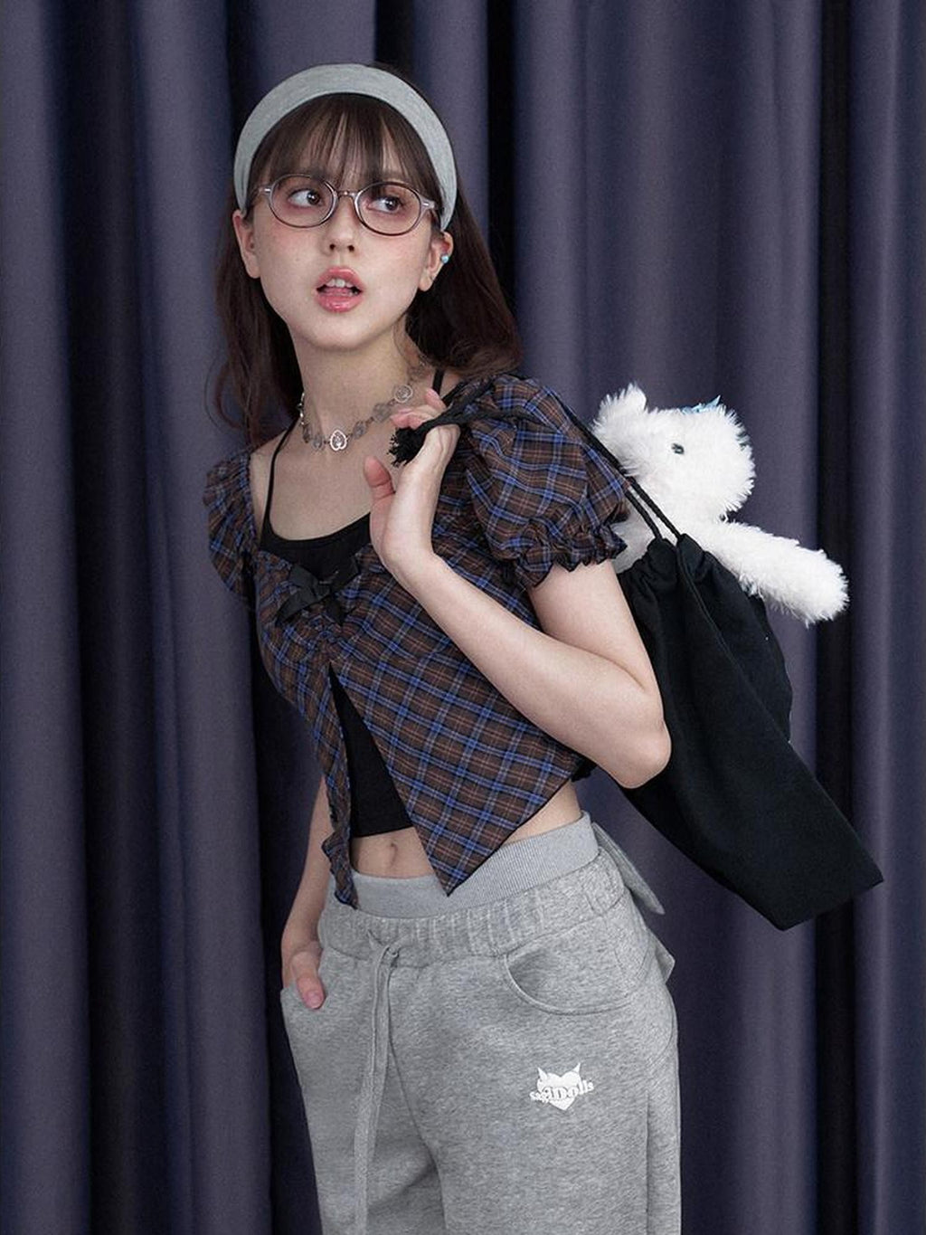 SagiDolls Blue Purple Gingham Halter Neck Bow Slim Women's Cotton Puff-sleeve Blouses