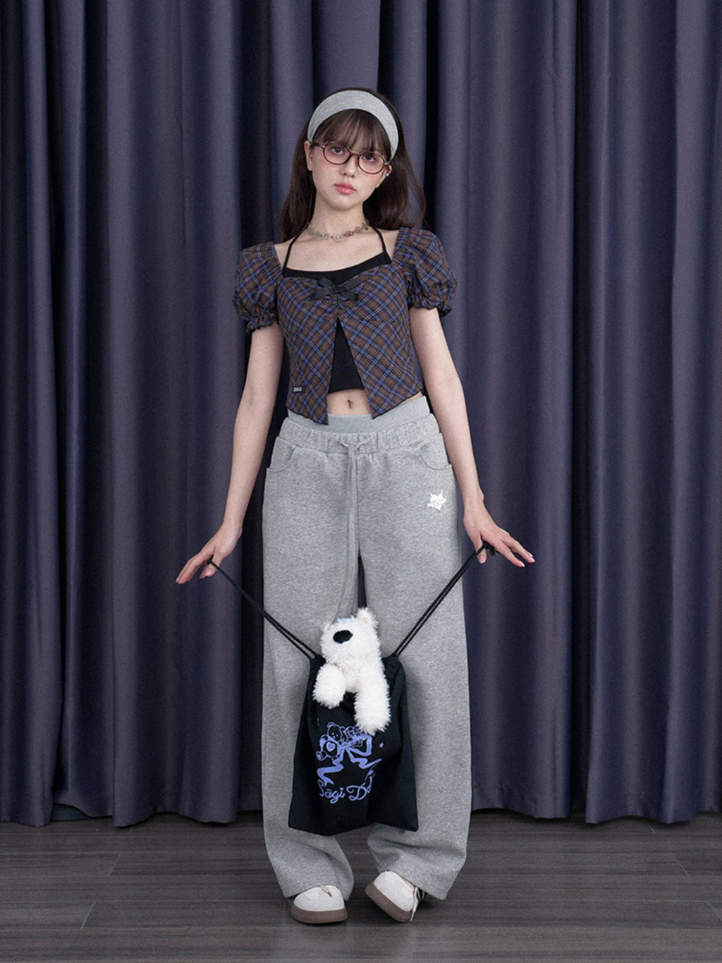 SagiDolls Blue Purple Gingham Halter Neck Bow Slim Women's Cotton Puff-sleeve Blouses