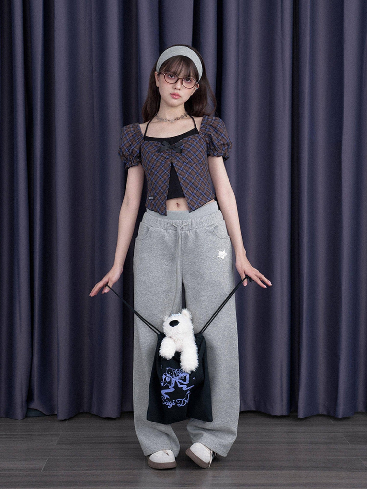 SagiDolls Blue Purple Gingham Halter Neck Bow Slim Women's Cotton Puff-sleeve Blouses