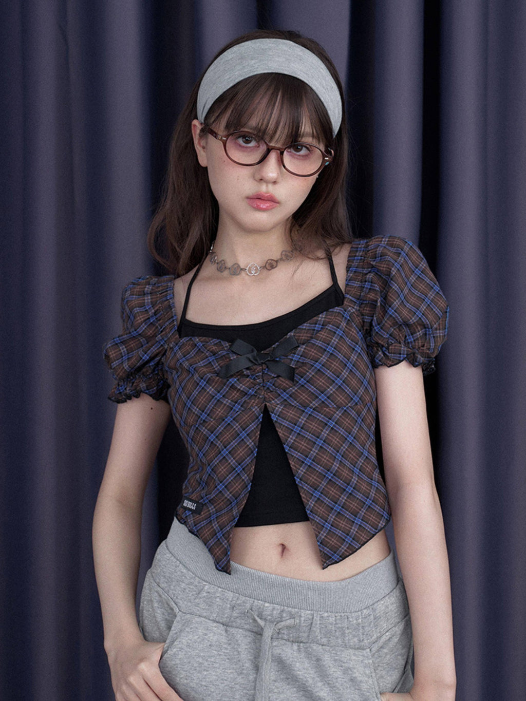 SagiDolls Blue Purple Gingham Halter Neck Bow Slim Women's Cotton Puff-sleeve Blouses