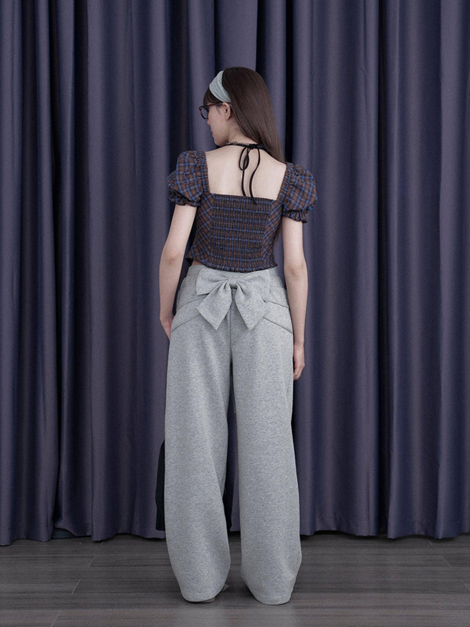 SagiDolls Blue Purple Gingham Halter Neck Bow Slim Women's Cotton Puff-sleeve Blouses