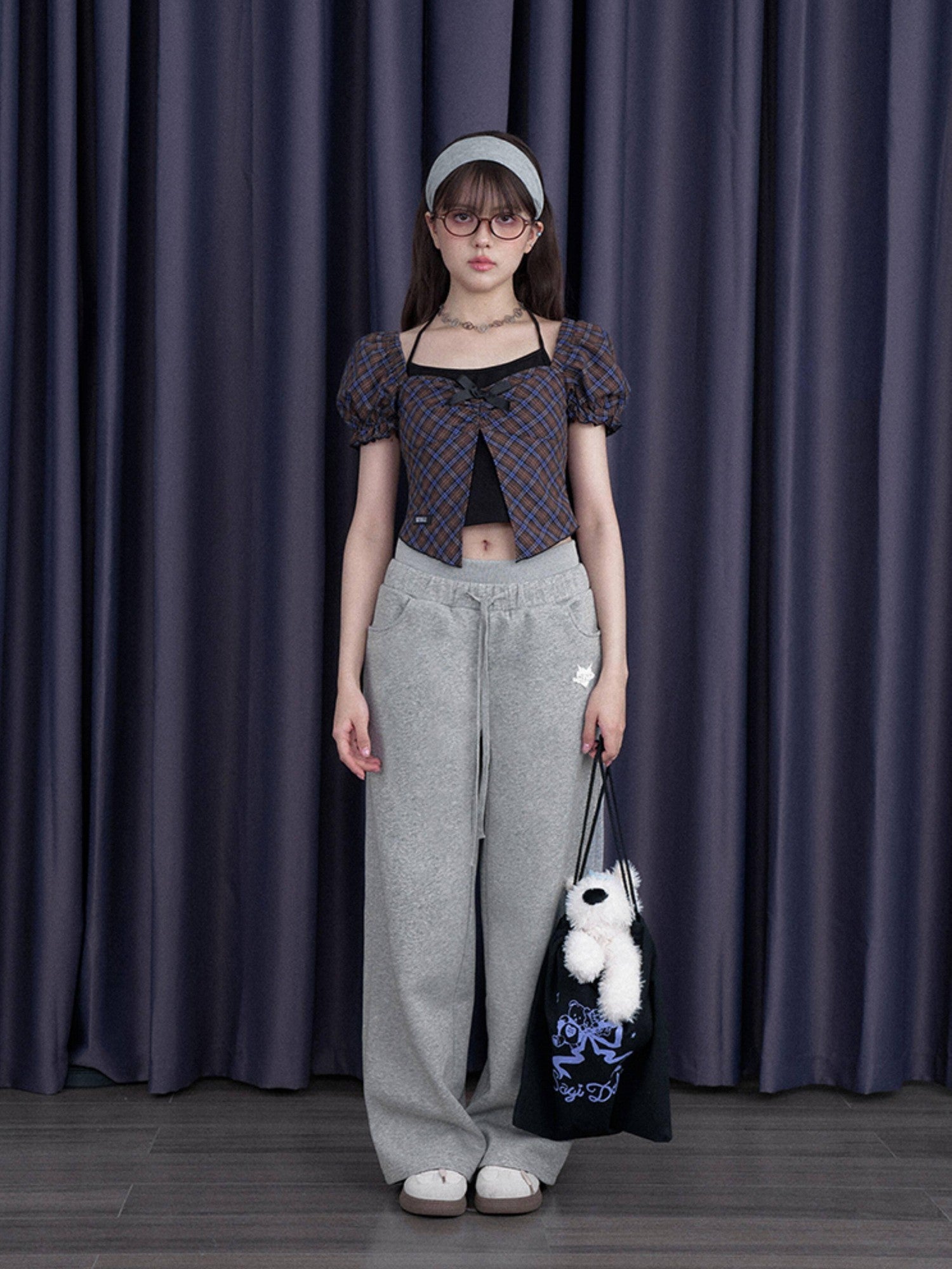 SagiDolls Blue Purple Gingham Halter Neck Bow Slim Women's Cotton Puff-sleeve Blouses