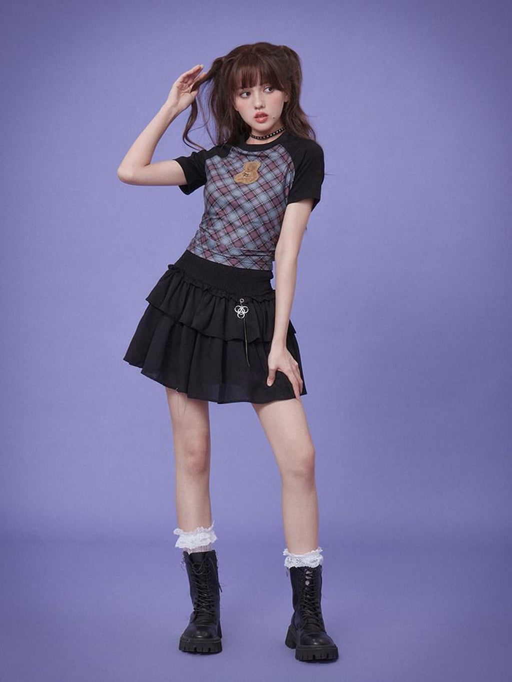 SagiDolls Blue Purple Grid Plush Bear Raglan Side Ruched Women's Short Sleeve T-shirts