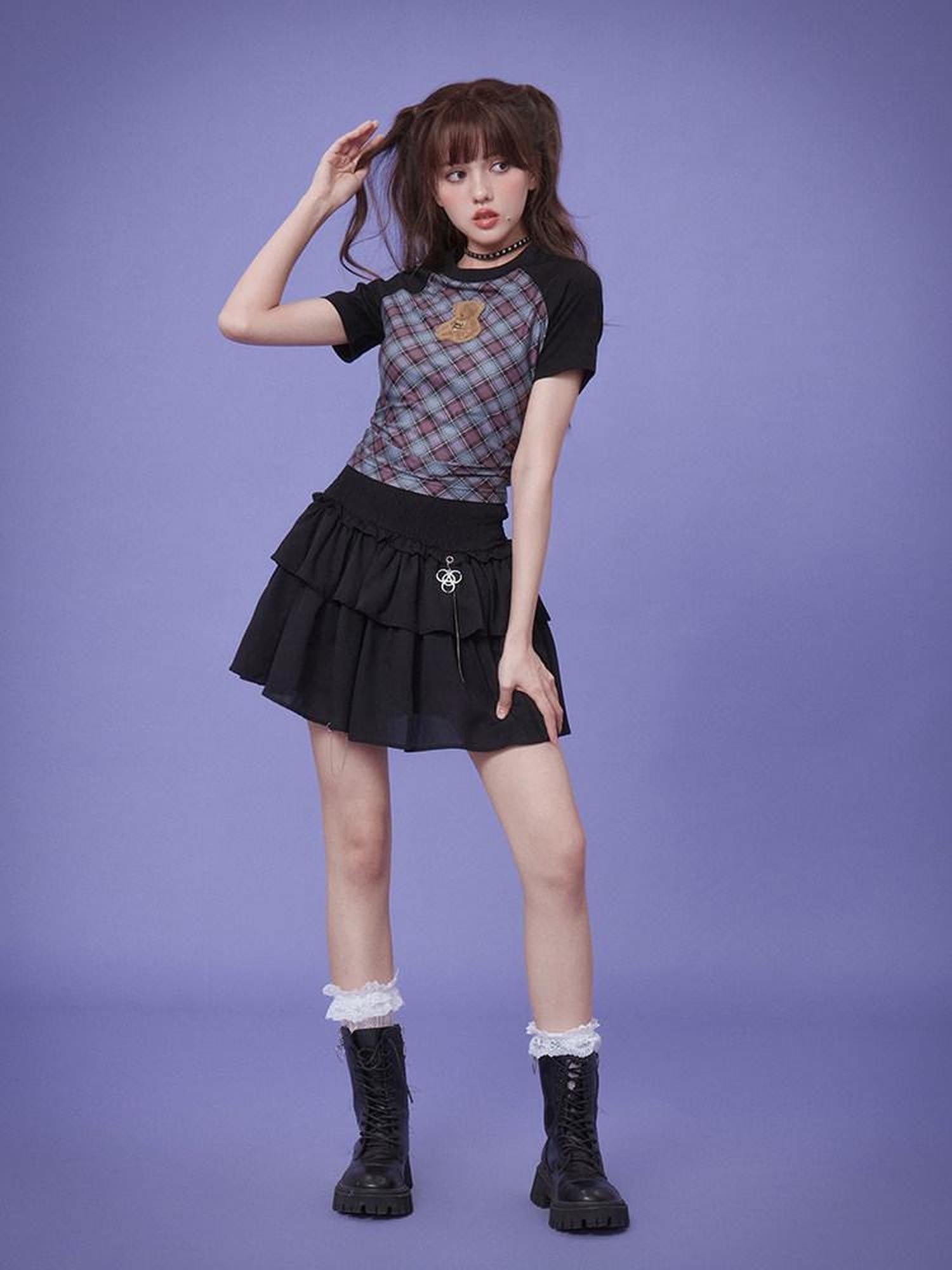 SagiDolls Blue Purple Grid Plush Bear Raglan Side Ruched Women's Short Sleeve T-shirts