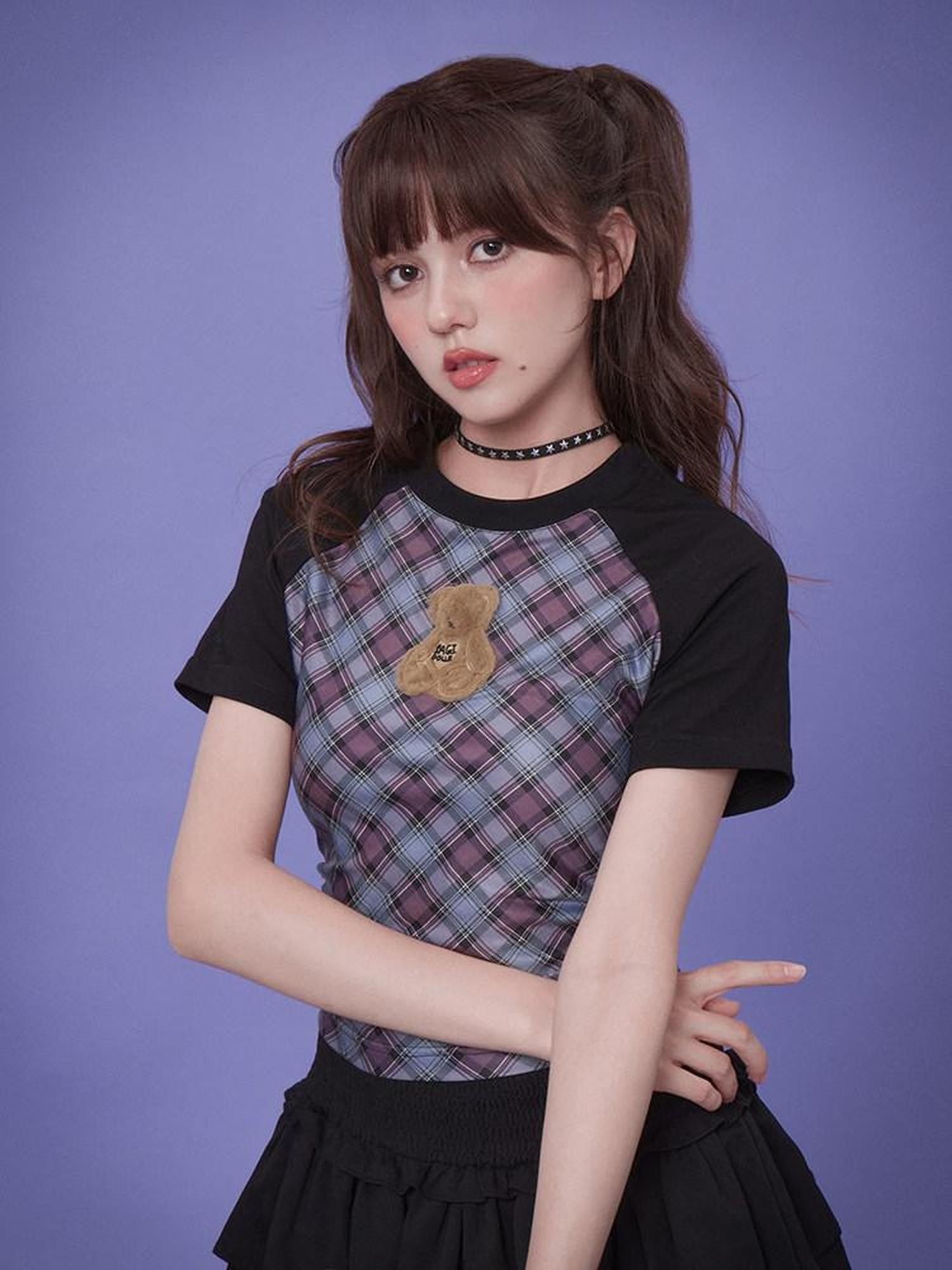 SagiDolls Blue Purple Grid Plush Bear Raglan Side Ruched Women's Short Sleeve T-shirts