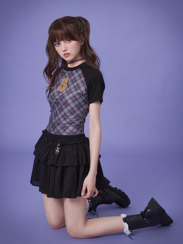 SagiDolls Blue Purple Grid Plush Bear Raglan Side Ruched Women's Short Sleeve T-shirts