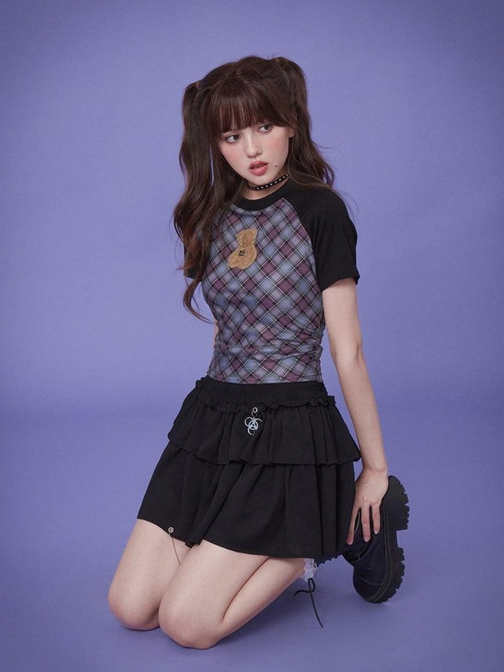 SagiDolls Blue Purple Grid Plush Bear Raglan Side Ruched Women's Short Sleeve T-shirts