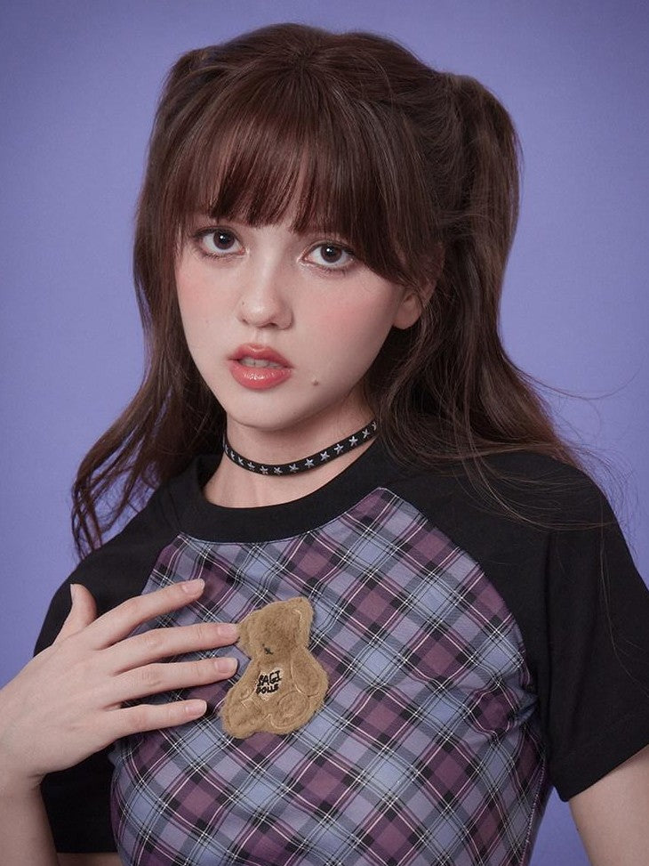 SagiDolls Blue Purple Grid Plush Bear Raglan Side Ruched Women's Short Sleeve T-shirts