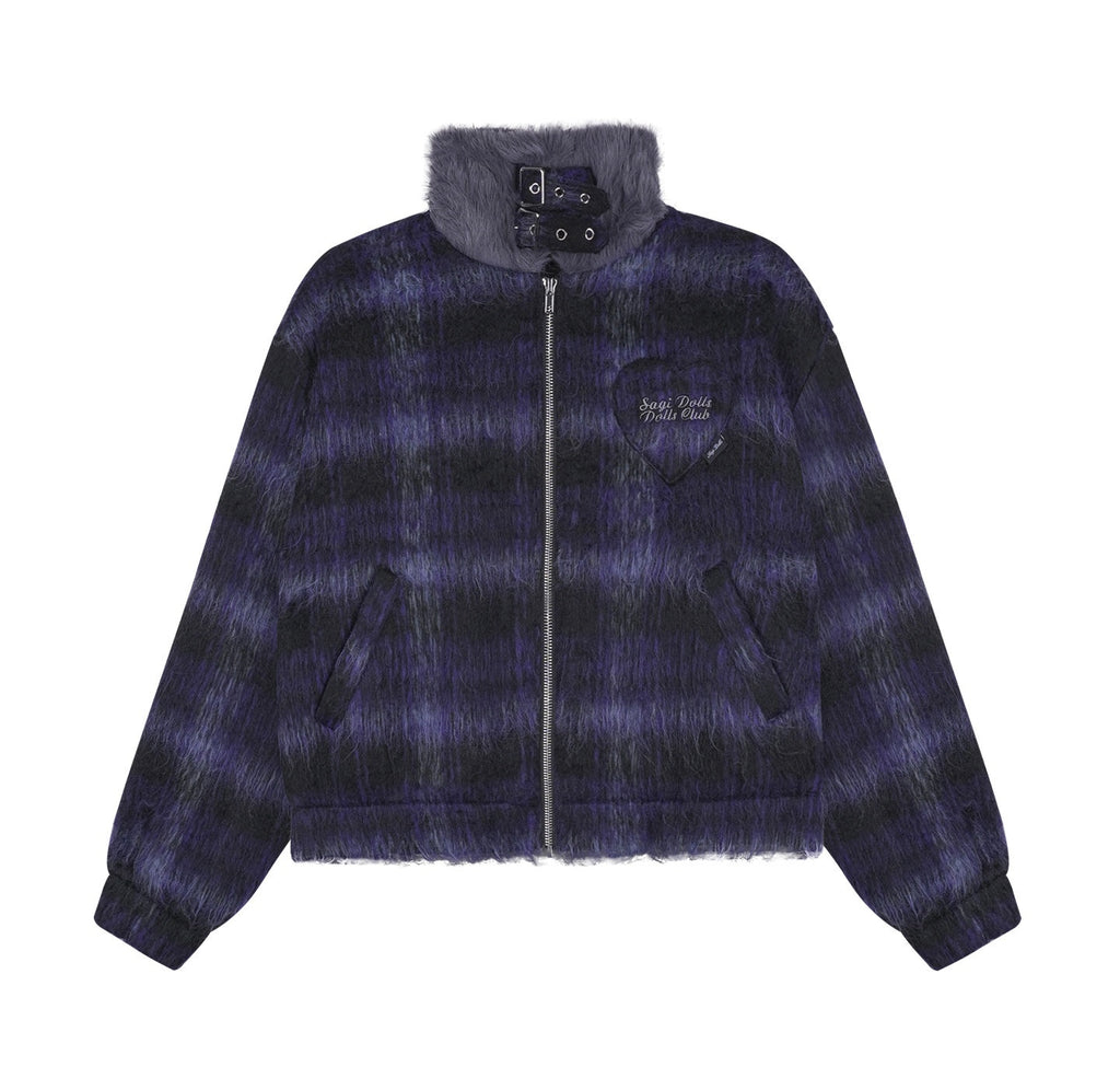 SagiDolls_Blue_Purple_Plaid_High_Neck_Fur_Collar_Zip_Elastic_Hem_Women's_Fleece_Jackets_997972077388_MISSTT