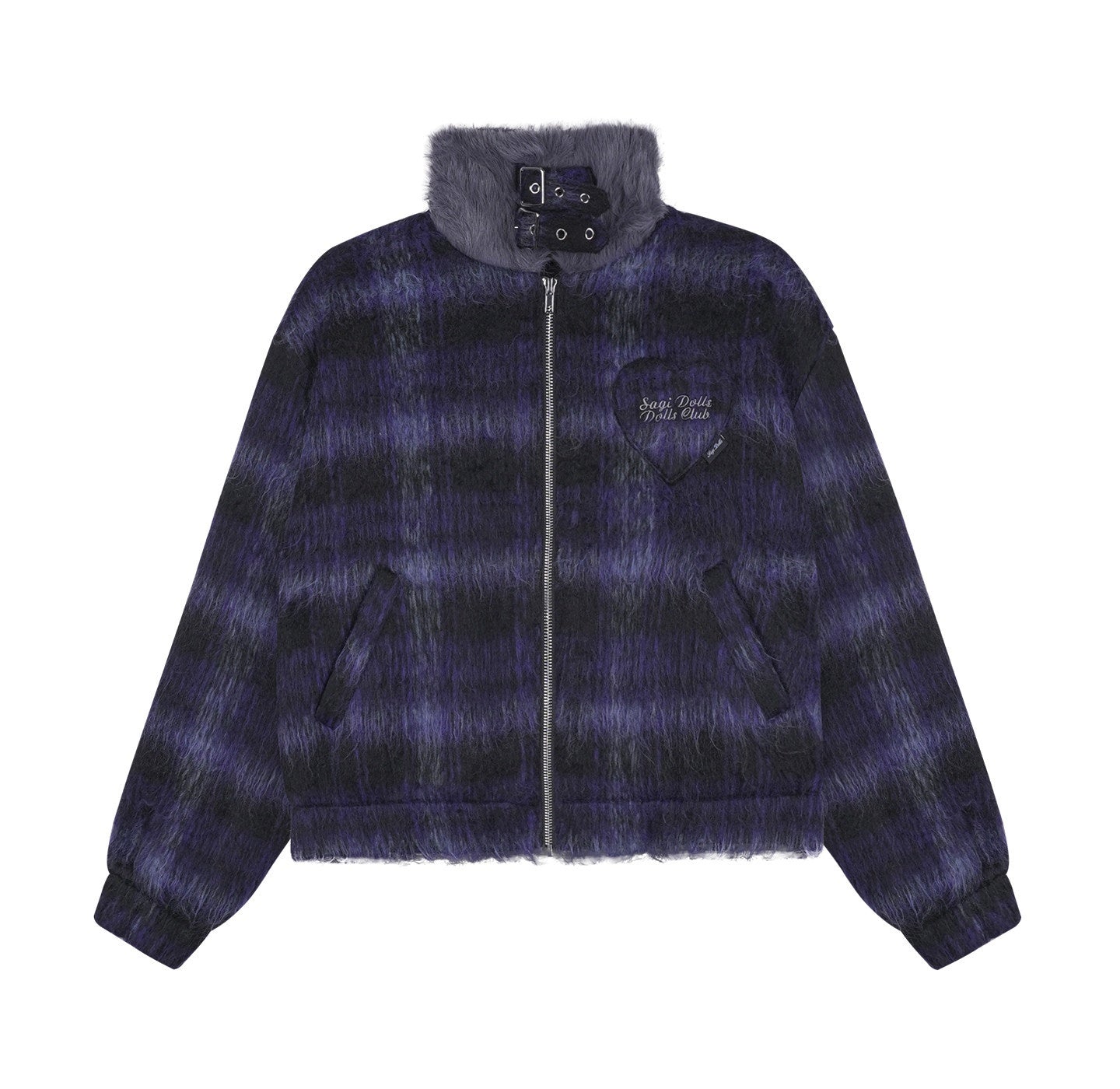 SagiDolls_Blue_Purple_Plaid_High_Neck_Fur_Collar_Zip_Elastic_Hem_Women's_Fleece_Jackets_997972077388_MISSTT