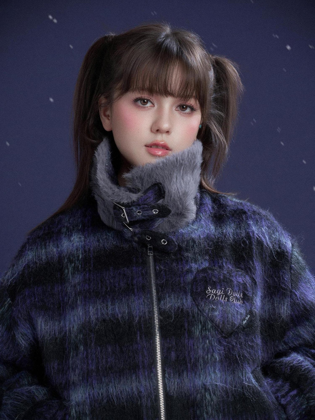SagiDolls Blue Purple Plaid High Neck Fur Collar Zip Elastic Hem Women's Fleece Jackets