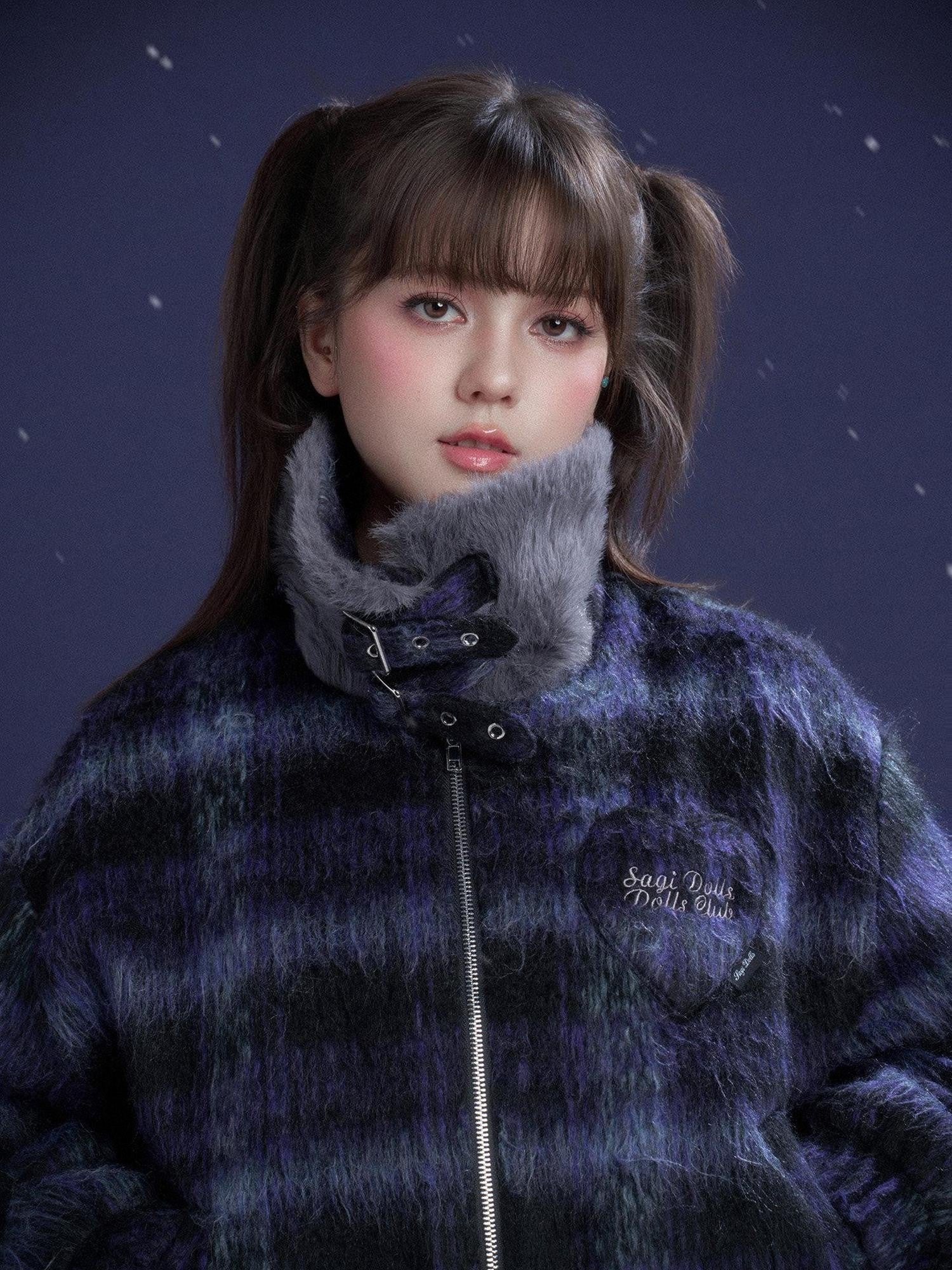 SagiDolls Blue Purple Plaid High Neck Fur Collar Zip Elastic Hem Women's Fleece Jackets