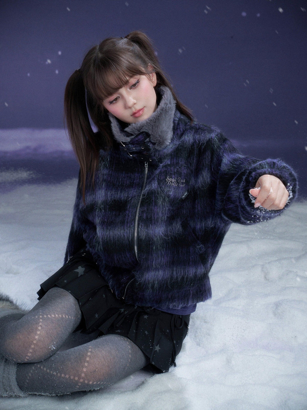 SagiDolls Blue Purple Plaid High Neck Fur Collar Zip Elastic Hem Women's Fleece Jackets