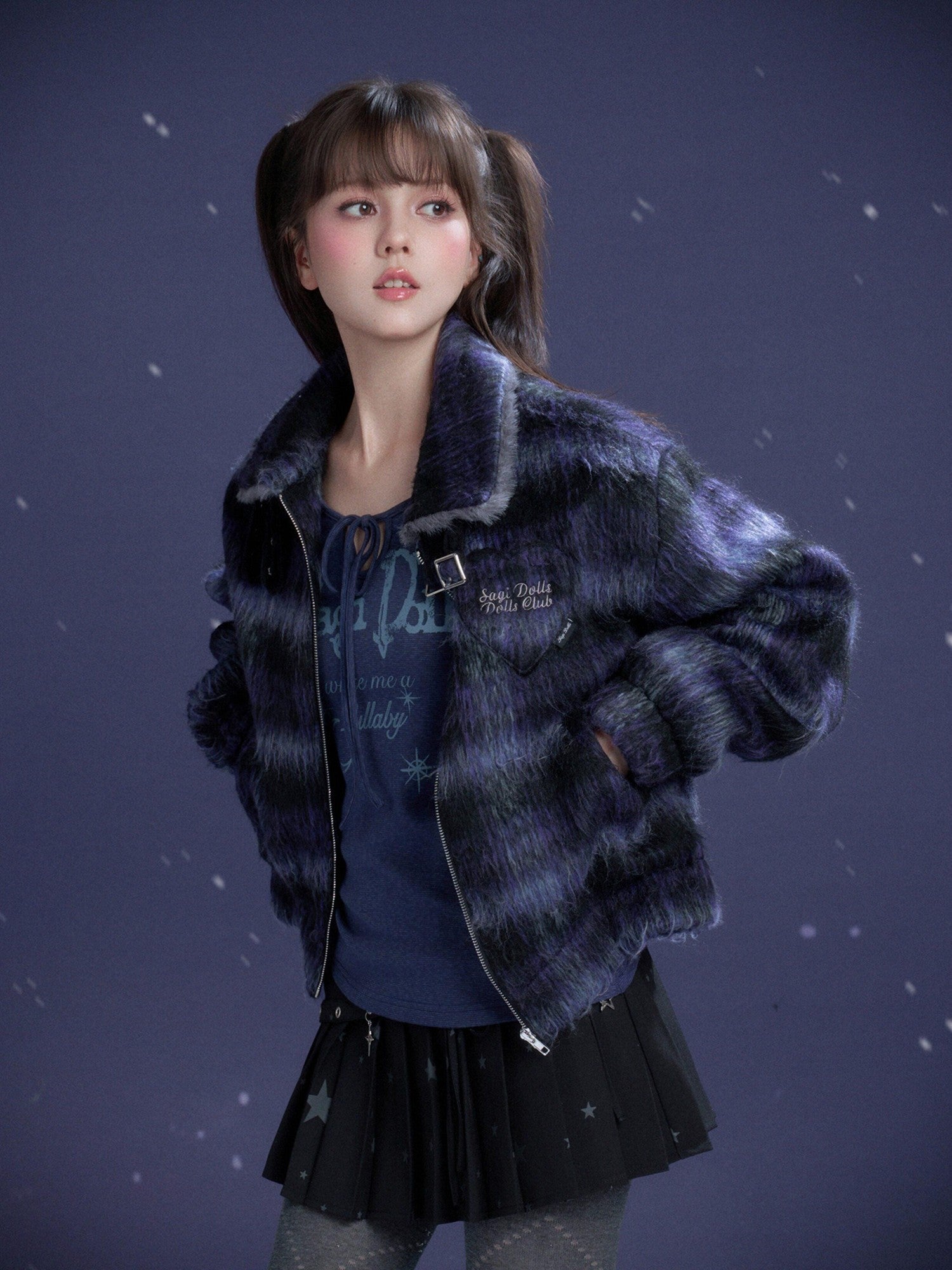SagiDolls Blue Purple Plaid High Neck Fur Collar Zip Elastic Hem Women's Fleece Jackets