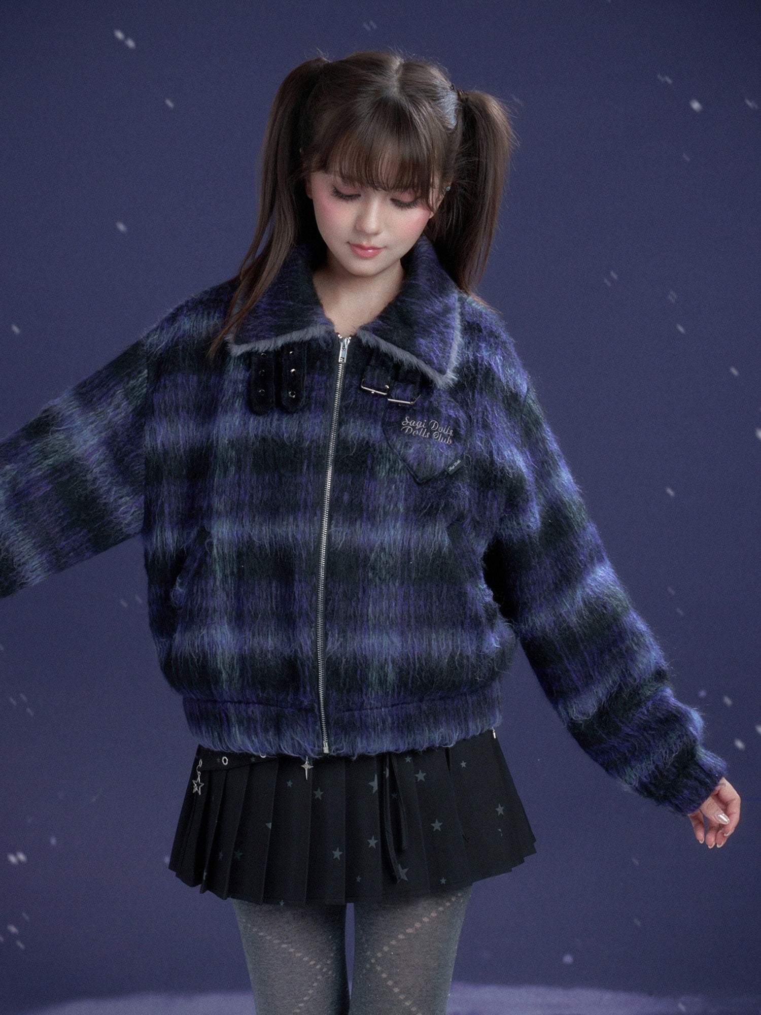 SagiDolls Blue Purple Plaid High Neck Fur Collar Zip Elastic Hem Women's Fleece Jackets