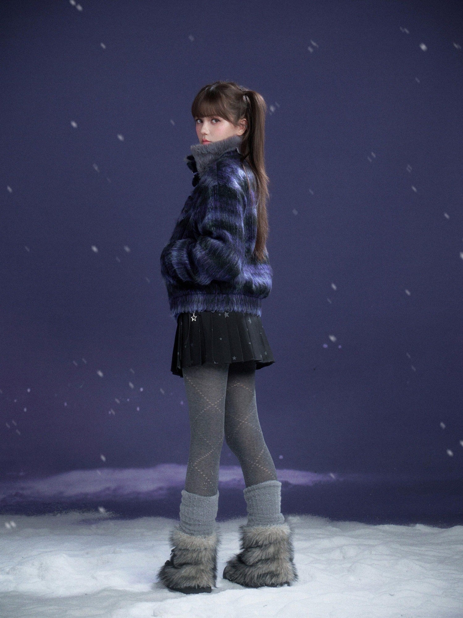 SagiDolls Blue Purple Plaid High Neck Fur Collar Zip Elastic Hem Women's Fleece Jackets