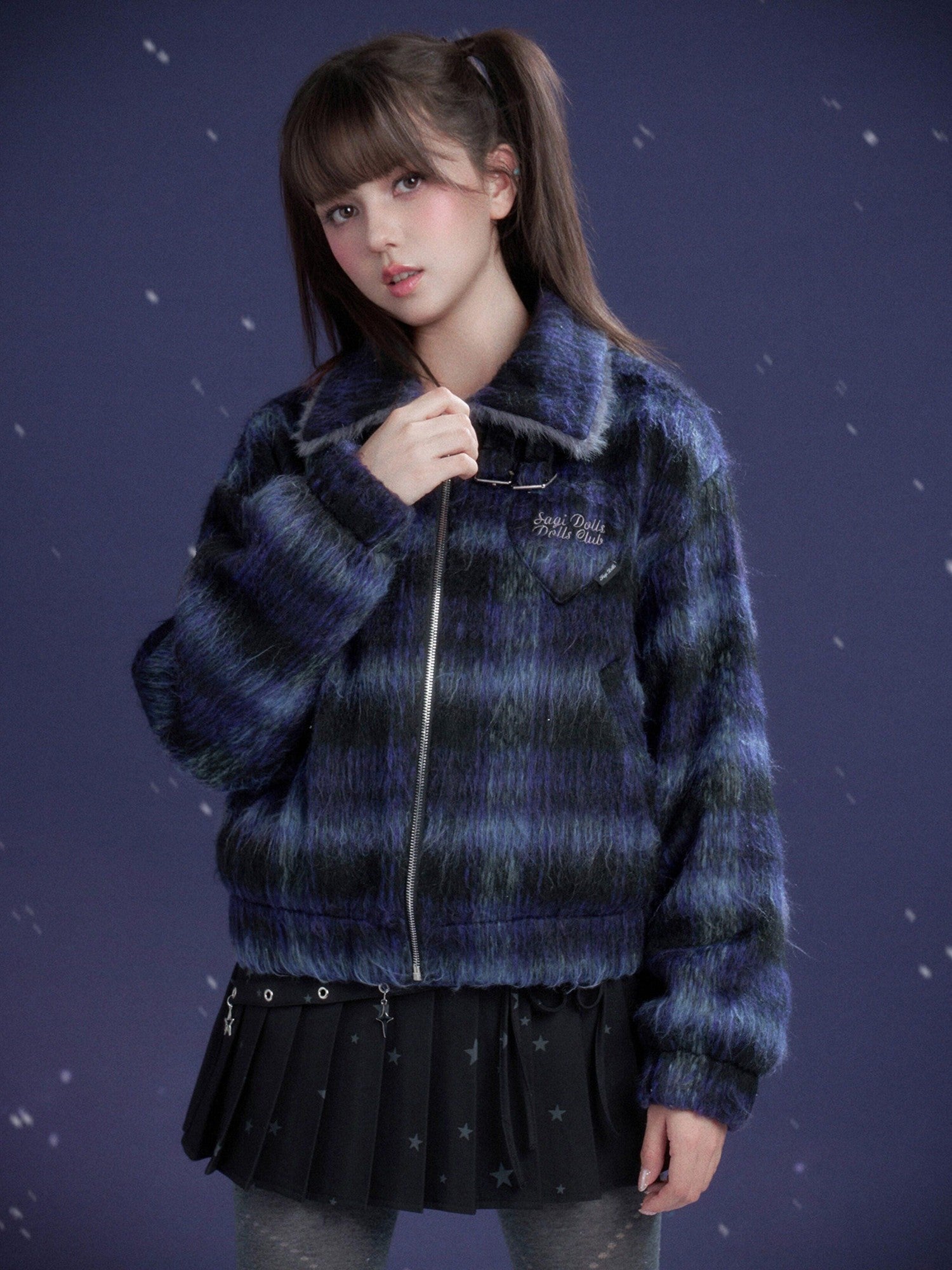 SagiDolls Blue Purple Plaid High Neck Fur Collar Zip Elastic Hem Women's Fleece Jackets