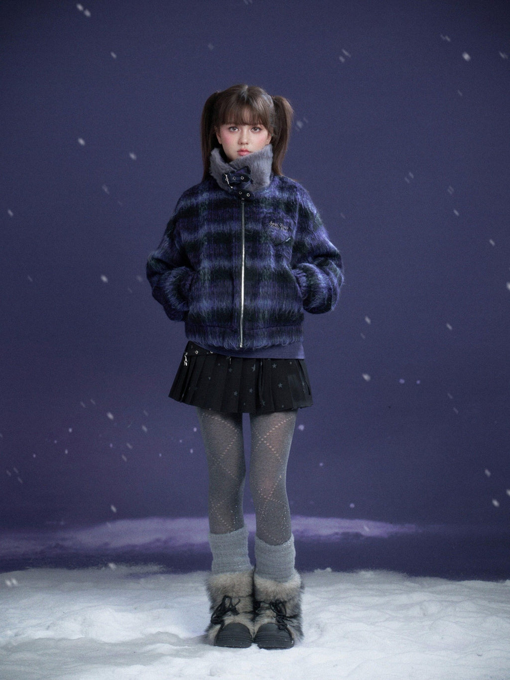 SagiDolls Blue Purple Plaid High Neck Fur Collar Zip Elastic Hem Women's Fleece Jackets