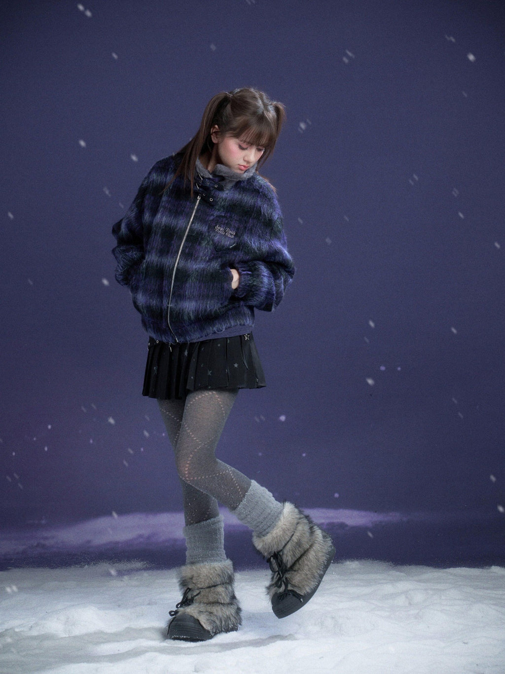 SagiDolls Blue Purple Plaid High Neck Fur Collar Zip Elastic Hem Women's Fleece Jackets