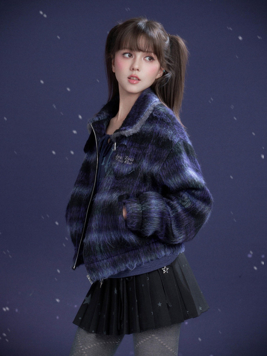 SagiDolls Blue Purple Plaid High Neck Fur Collar Zip Elastic Hem Women's Fleece Jackets