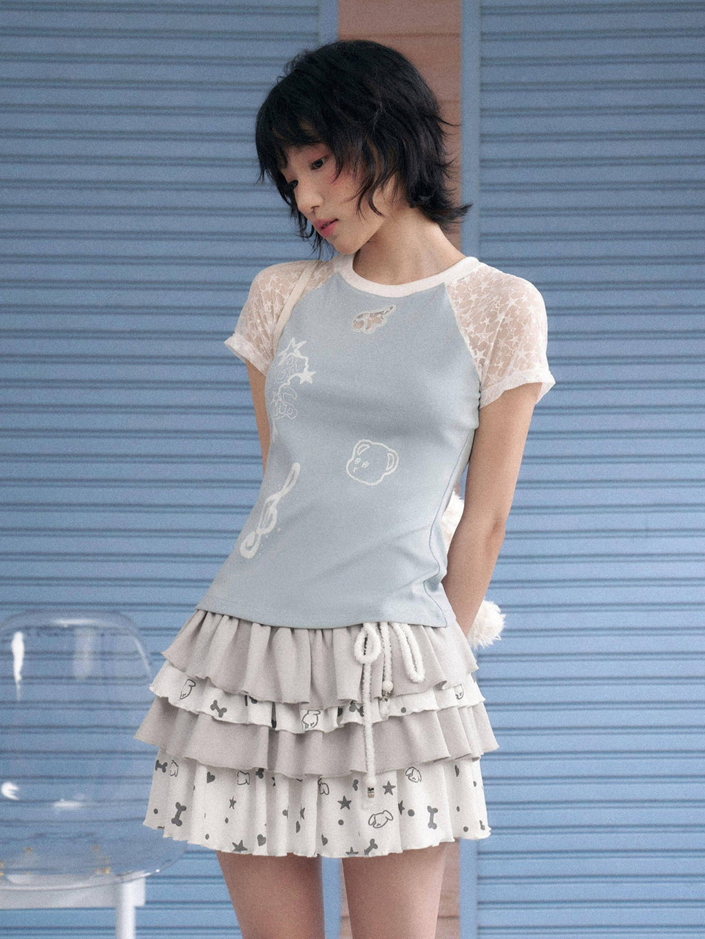 SagiDolls Blue Star Lace Hollowout Raglan Women's Cotton Stretch Short Sleeve T-shirts