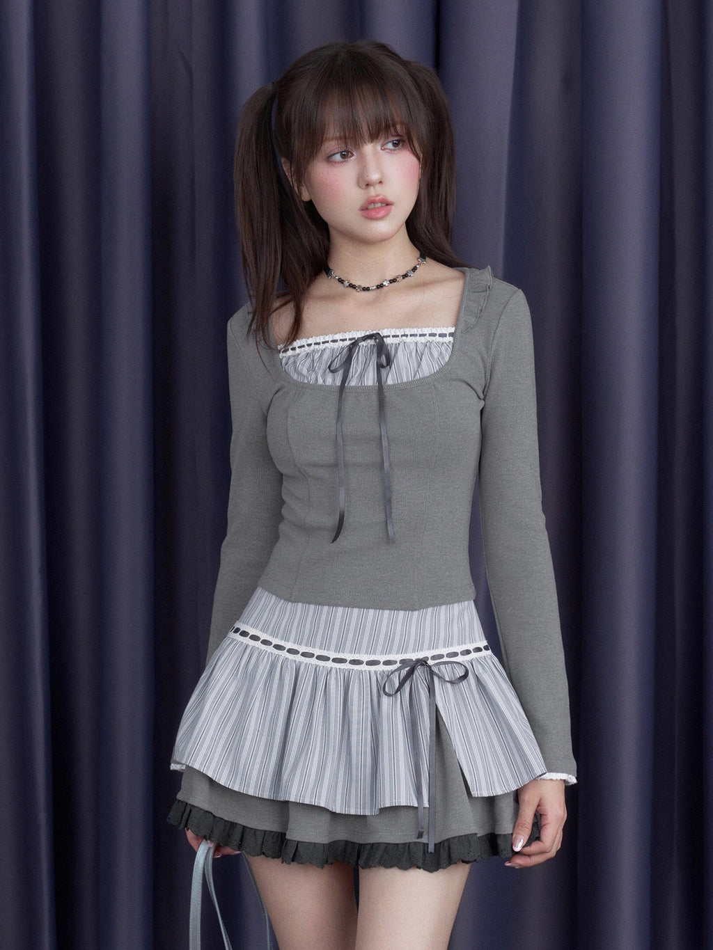 SagiDolls Blue Striped Tie Waist Front Slit Women's Polyester Blend A-line Skirts