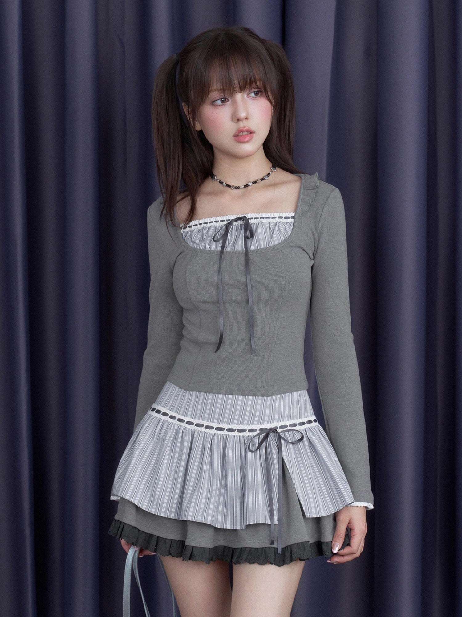 SagiDolls Blue Striped Tie Waist Front Slit Women's Polyester Blend A-line Skirts